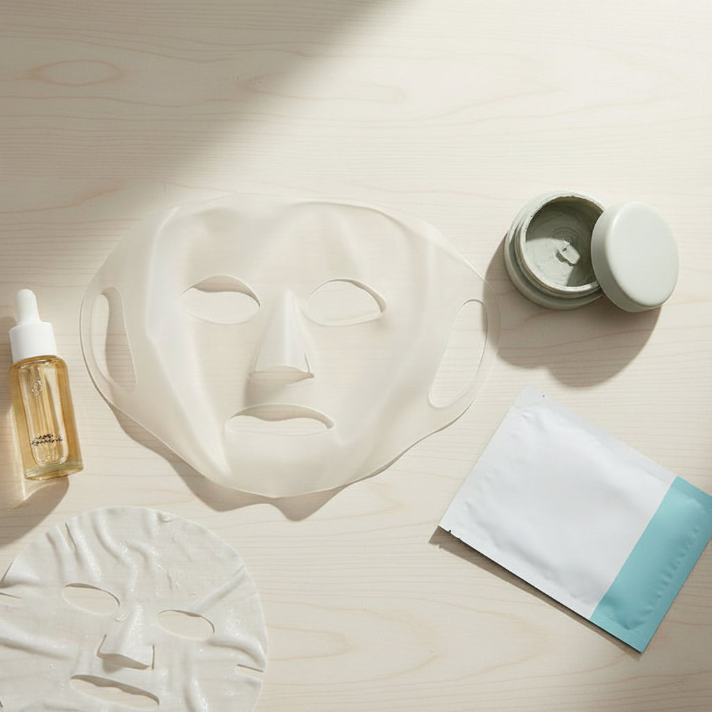 A translucent white silicone or plastic face mask with cutouts for the eyes, nose, mouth, and ear loops, laid flat on a light gray surface.