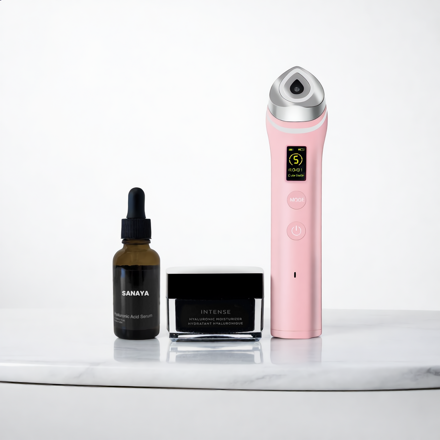 Sanaya Glow Ritual bundle - hyaluronic serum, beauty massager, and moisturizer